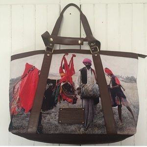 India photography tote bag with brown leather accents